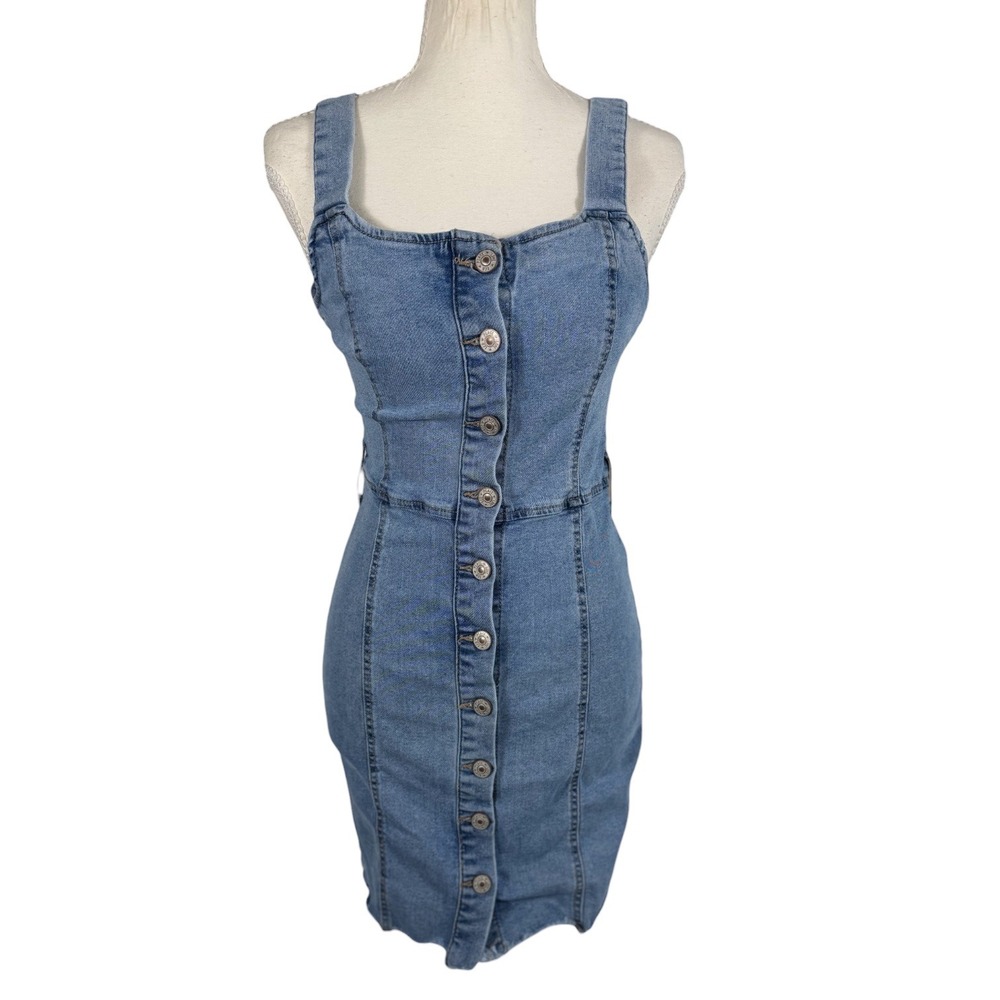 Byrewash Denim Dress Womens Medium Blue Stretch Button Front Mini Raw Hem Casual